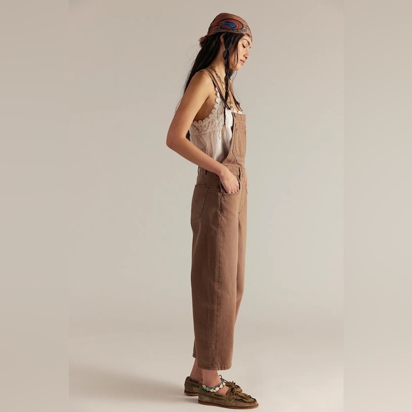 $250 FREE PEOPLE Chocolate Brown Denim Deep Trance Overall Jumpers Large New - Picture 4 of 5